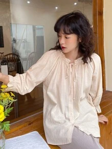 DAZY Camisa de cuello con cordón con botón delantero - Albaricoque - Ver 5