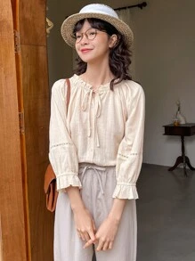 DAZY Camisa de cuello con cordón con botón delantero - Albaricoque - Ver 8