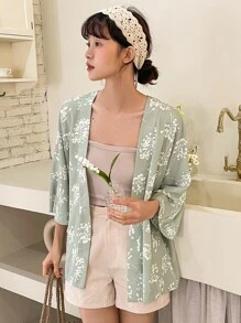 DAZY Floral Print Batwing Sleeve Open Front Coat Jacket - Green - View 1