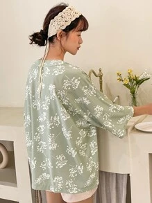 DAZY Floral Print Batwing Sleeve Open Front Coat Jacket - Green - View 2