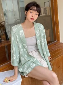 DAZY Floral Print Batwing Sleeve Open Front Coat Jacket - Green - View 5