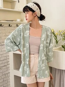 DAZY Floral Print Batwing Sleeve Open Front Coat Jacket - Green - View 6