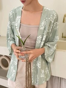 DAZY Floral Print Batwing Sleeve Open Front Coat Jacket - Green - View 7