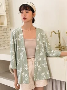 DAZY Floral Print Batwing Sleeve Open Front Coat Jacket - Green - View 8