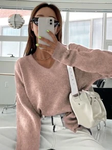 DAZY Solid V-neck Drop Shoulder Jumper - Pink - View 1