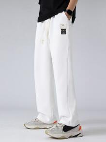 Manfinity Hypemode Men's Loose Fit Sweatpants With Letter Patch Detail And Drawstring Waist, Spring/Autumn Long Vacation Straight Leg Slacks Pants, For Husband, Boyfriend Gifts - White - View 3