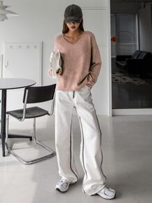 DAZY Solid V-neck Drop Shoulder Jumper - Pink - View 3