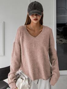 DAZY Solid V-neck Drop Shoulder Jumper - Pink - View 4