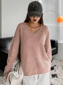 DAZY Solid V-neck Drop Shoulder Jumper - Pink - View 8