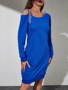 EURMUSE 不對稱領鏤空連衣裙 - 藍色 - 查看 4