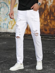 Manfinity LEGND Hombres Jeans algodón desgarro con cremallera - Blanco - Ver 3