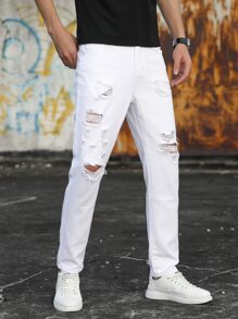 Manfinity LEGND Hombres Jeans algodón desgarro con cremallera - Blanco - Ver 4