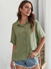 SHEIN LUNE Áo sơ mi nữ Nút phía trước màu trơn Giải trí - Màu xanh Bạc hà - Xem 5