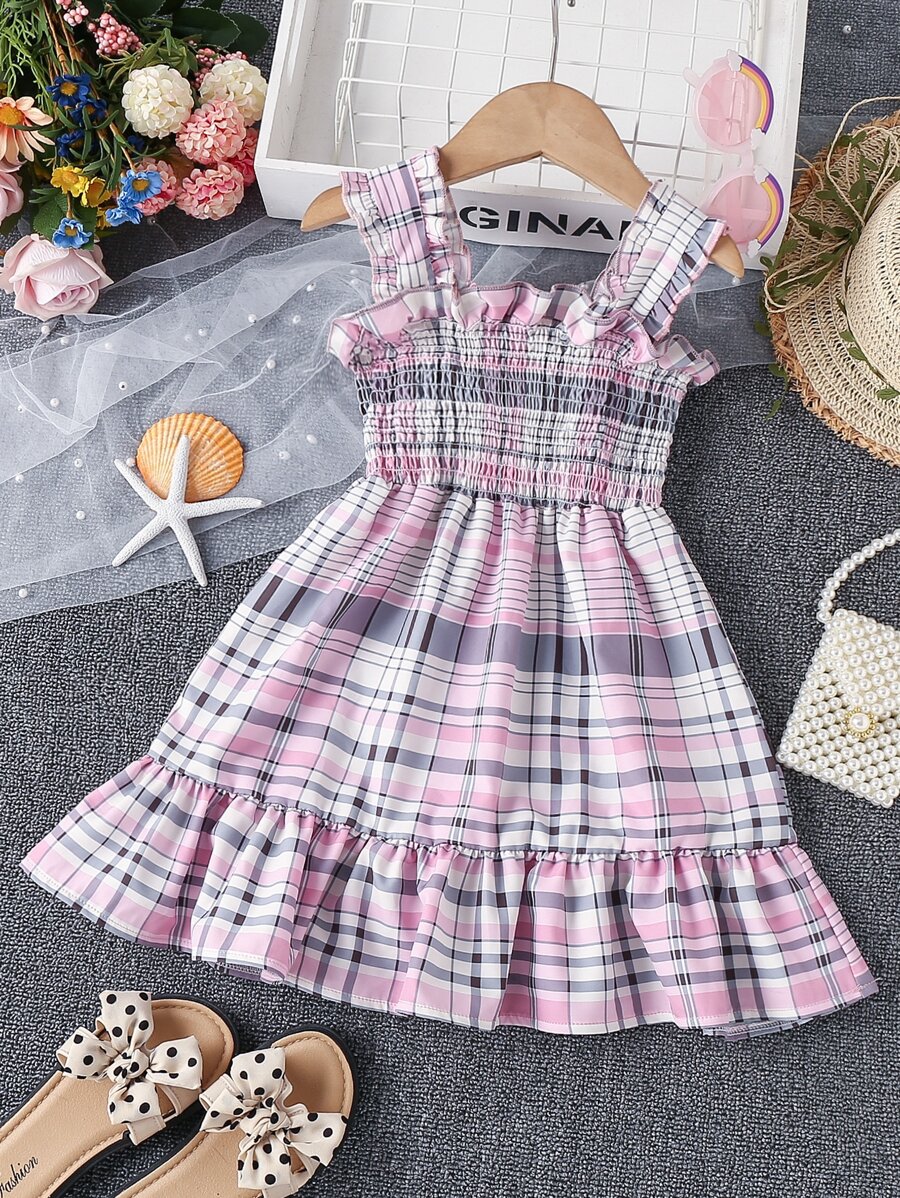 Toddler Girls Plaid Ruffle Trim Shirred Cami Dress - Multicolor - View 1