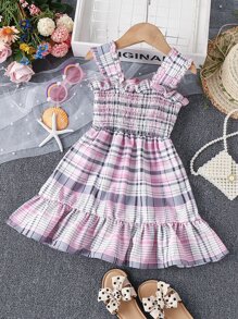 Toddler Girls Plaid Ruffle Trim Shirred Cami Dress - Multicolor - View 2