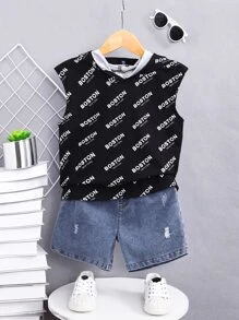 SHEIN Bộ thời trang bé trai Bị tách Lá thư Giải trí - Nhiều màu - Xem 1