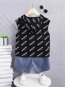 SHEIN Bộ thời trang bé trai Bị tách Lá thư Giải trí - Nhiều màu - Xem 2