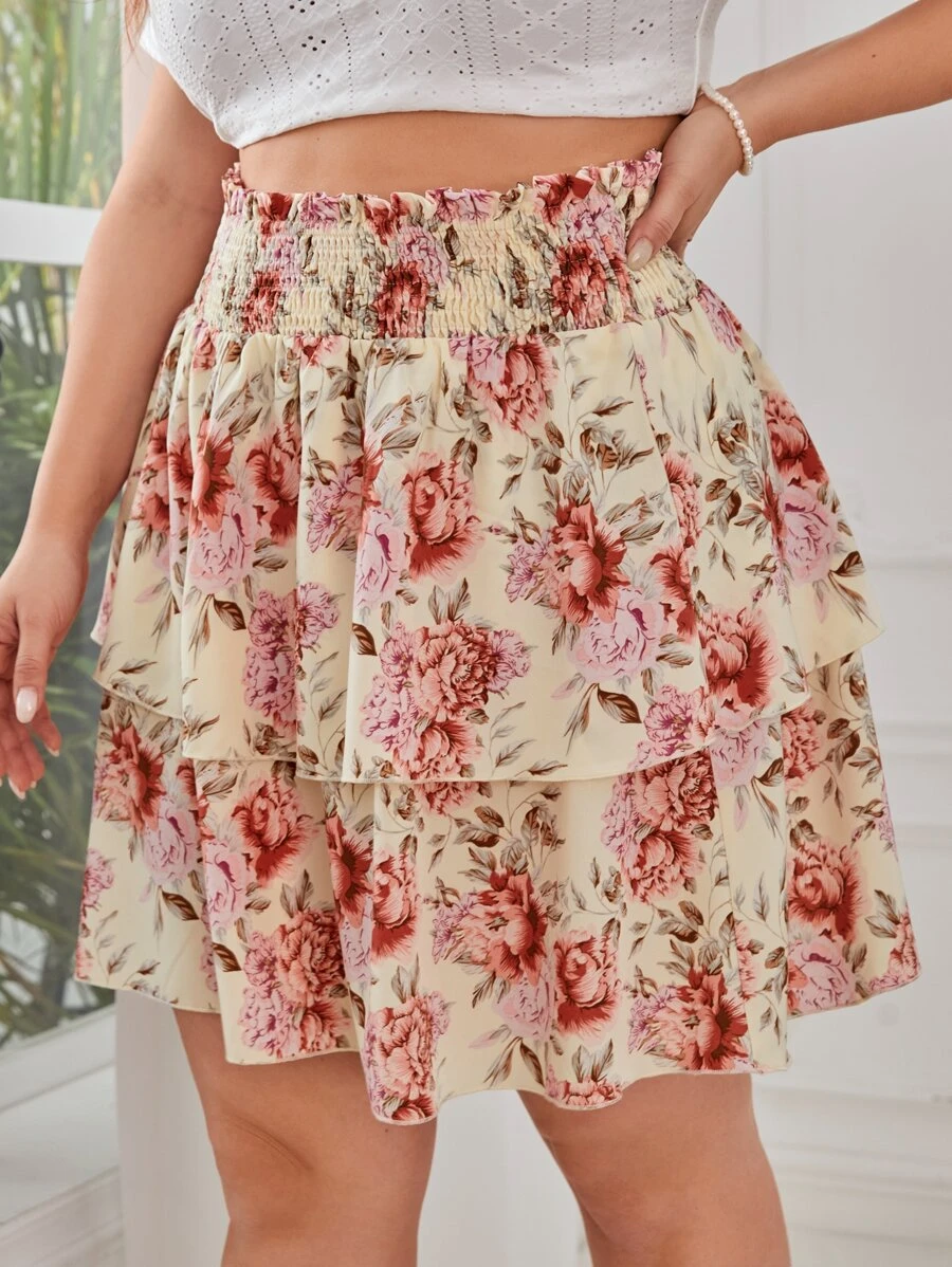 SHEIN VCAY Falda con estampado floral bajo con fruncido - Multicolor - Ver 1