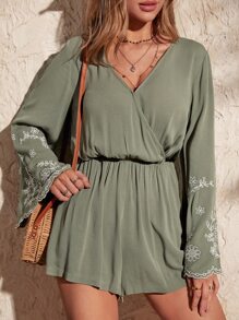 SHEIN VCAY Floral Embroidery Surplice Neck Romper - Army Green - View 1