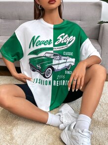 SHEIN EZwear Bikercore Áo thun Thả vai In chữ và ô tô - Nhiều màu - Xem 1