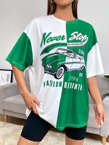 SHEIN EZwear Bikercore Áo thun Thả vai In chữ và ô tô - Nhiều màu - Xem 4