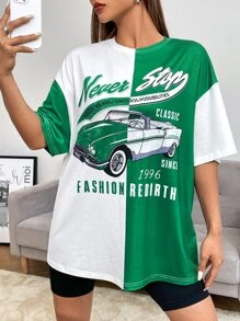 SHEIN EZwear Bikercore Áo thun Thả vai In chữ và ô tô - Nhiều màu - Xem 2