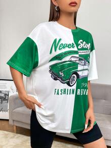 SHEIN EZwear Bikercore Áo thun Thả vai In chữ và ô tô - Nhiều màu - Xem 5