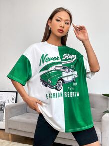 SHEIN EZwear Bikercore Áo thun Thả vai In chữ và ô tô - Nhiều màu - Xem 6