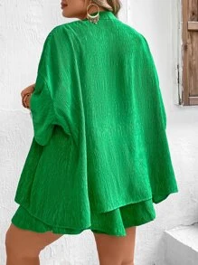 SHEIN VCAY Plus Drop Shoulder Open Front Kimono & Drawstring Waist Shorts - Green - View 2