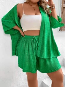 SHEIN VCAY Plus Drop Shoulder Open Front Kimono & Drawstring Waist Shorts - Green - View 1