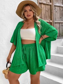 SHEIN VCAY Plus Drop Shoulder Open Front Kimono & Drawstring Waist Shorts - Green - View 5