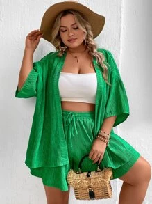 SHEIN VCAY Plus Drop Shoulder Open Front Kimono & Drawstring Waist Shorts - Green - View 7