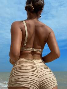 SHEIN Swim Summer Beach Textured Bikini Set One Shoulder Underwire Bra Top & Shorts 2 Pieces Bikini - Mocha Brown - View 2