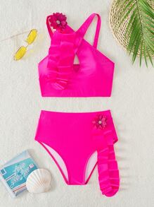 Ruffle Trim High Waisted Bikini Set Summer Beach - Hot Pink - View 4