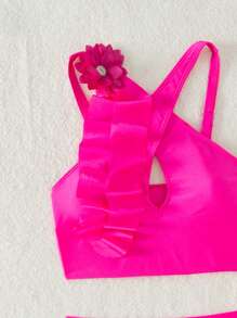 Ruffle Trim High Waisted Bikini Set Summer Beach - Hot Pink - View 6