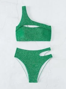 SHEIN Swim Summer Beach Glitter Cut-Out One Shoulder Bikini Set - Dark Green - View 3