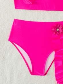 Ruffle Trim High Waisted Bikini Set Summer Beach - Hot Pink - View 7