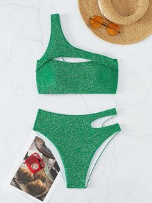SHEIN Swim Summer Beach Glitter Cut-Out One Shoulder Bikini Set - Dark Green - View 5