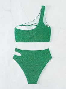 SHEIN Swim Summer Beach Glitter Cut-Out One Shoulder Bikini Set - Dark Green - View 4