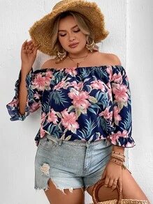 SHEIN VCAY Plus Floral Print Off Shoulder Flounce Sleeve Blouse - Multicolor - View 4