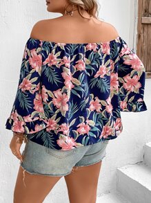 SHEIN VCAY Plus Floral Print Off Shoulder Flounce Sleeve Blouse - Multicolor - View 2