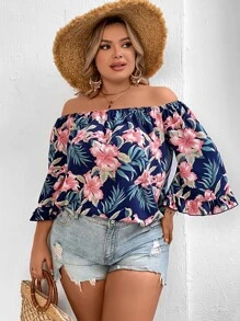 SHEIN VCAY Plus Floral Print Off Shoulder Flounce Sleeve Blouse - Multicolor - View 3