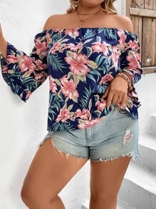 SHEIN VCAY Plus Floral Print Off Shoulder Flounce Sleeve Blouse - Multicolor - View 1