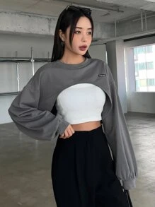 DAZY 字母贴片落肩超短款运动衫（不含背心），秋季女装 - 深灰色 - 查看 3