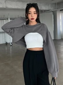 DAZY 字母贴片落肩超短款运动衫（不含背心），秋季女装 - 深灰色 - 查看 4