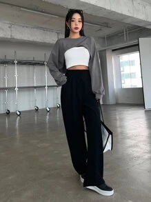 DAZY 字母贴片落肩超短款运动衫（不含背心），秋季女装 - 深灰色 - 查看 6