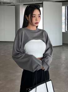 DAZY 字母贴片落肩超短款运动衫（不含背心），秋季女装 - 深灰色 - 查看 8