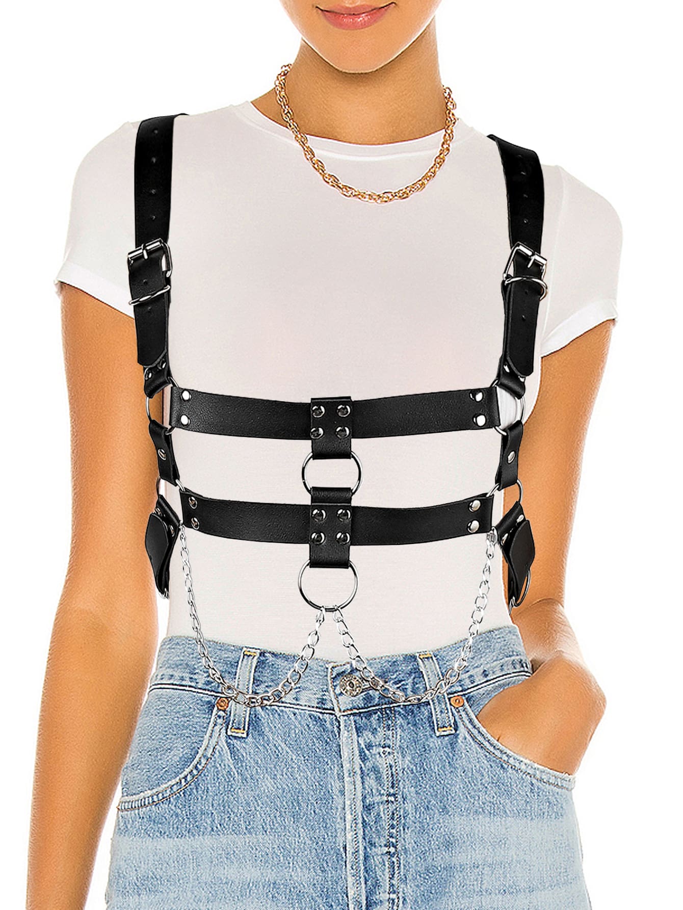 Cinturón arnés con diseño de aro y cadena - Negro - Ver 1