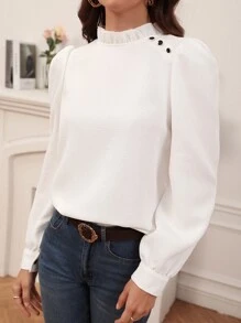 SHEIN Frenchy Solid Button Detail Lantern Sleeve Blouse Winter Elegant White White - White - View 3