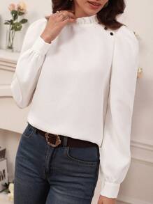 SHEIN Frenchy Solid Button Detail Lantern Sleeve Blouse Winter Elegant White White - White - View 4